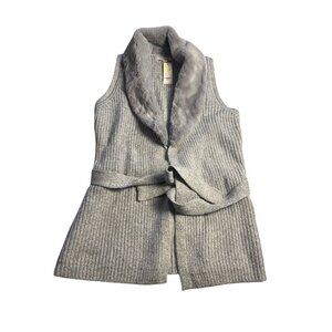 NWT-Francescas Gray Knit Vest With Faux Fur Collar & Belt Sleeveless Size S